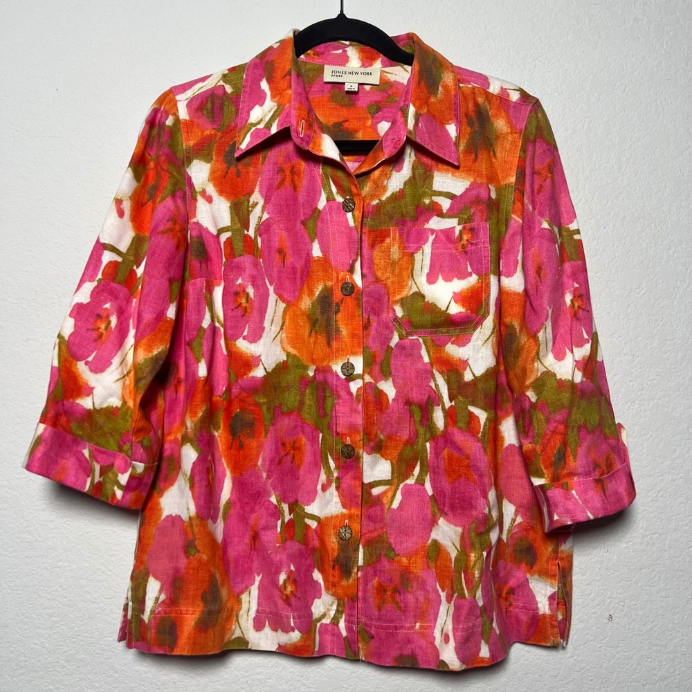 Jones New York Sport Linen Floral Button Down Shirt S Pink Orange Womens‎ Retro